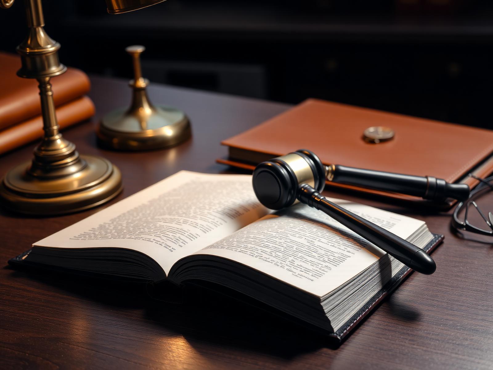 A leather-bound legal volume open on a polished table
