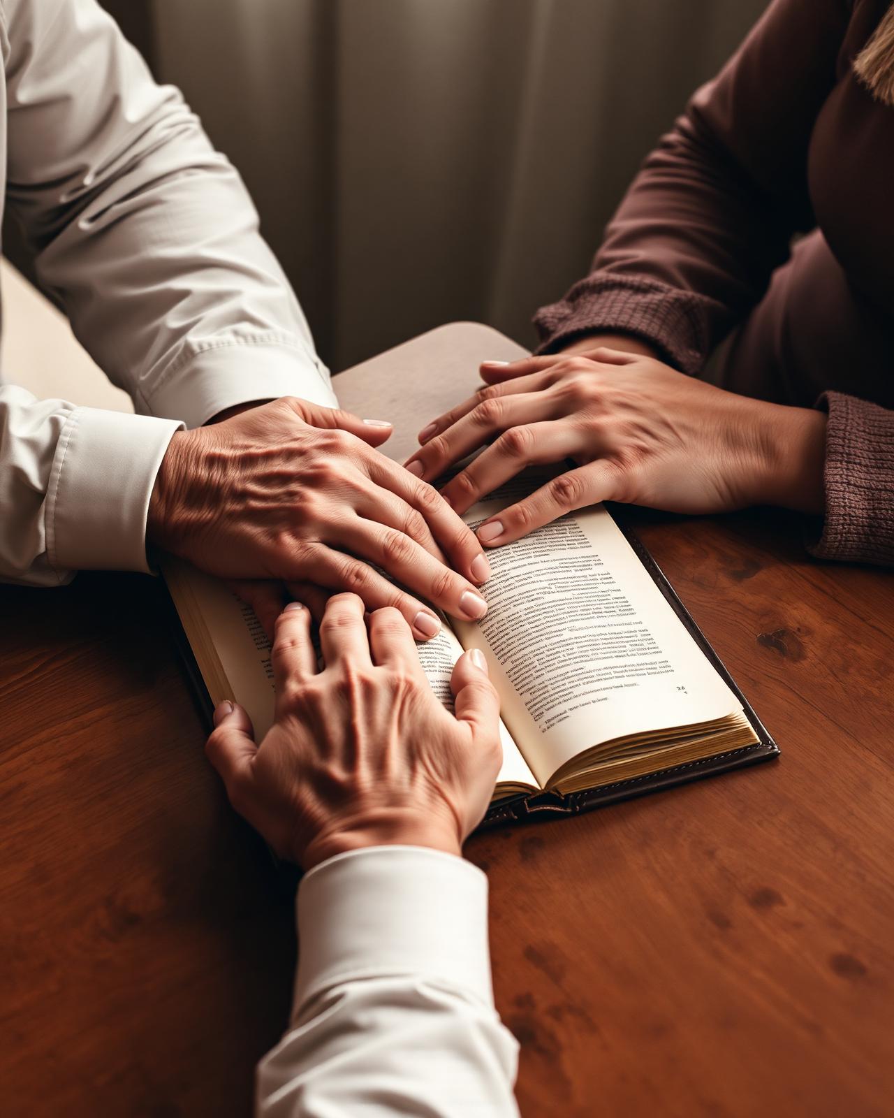Hands resting together over an open document