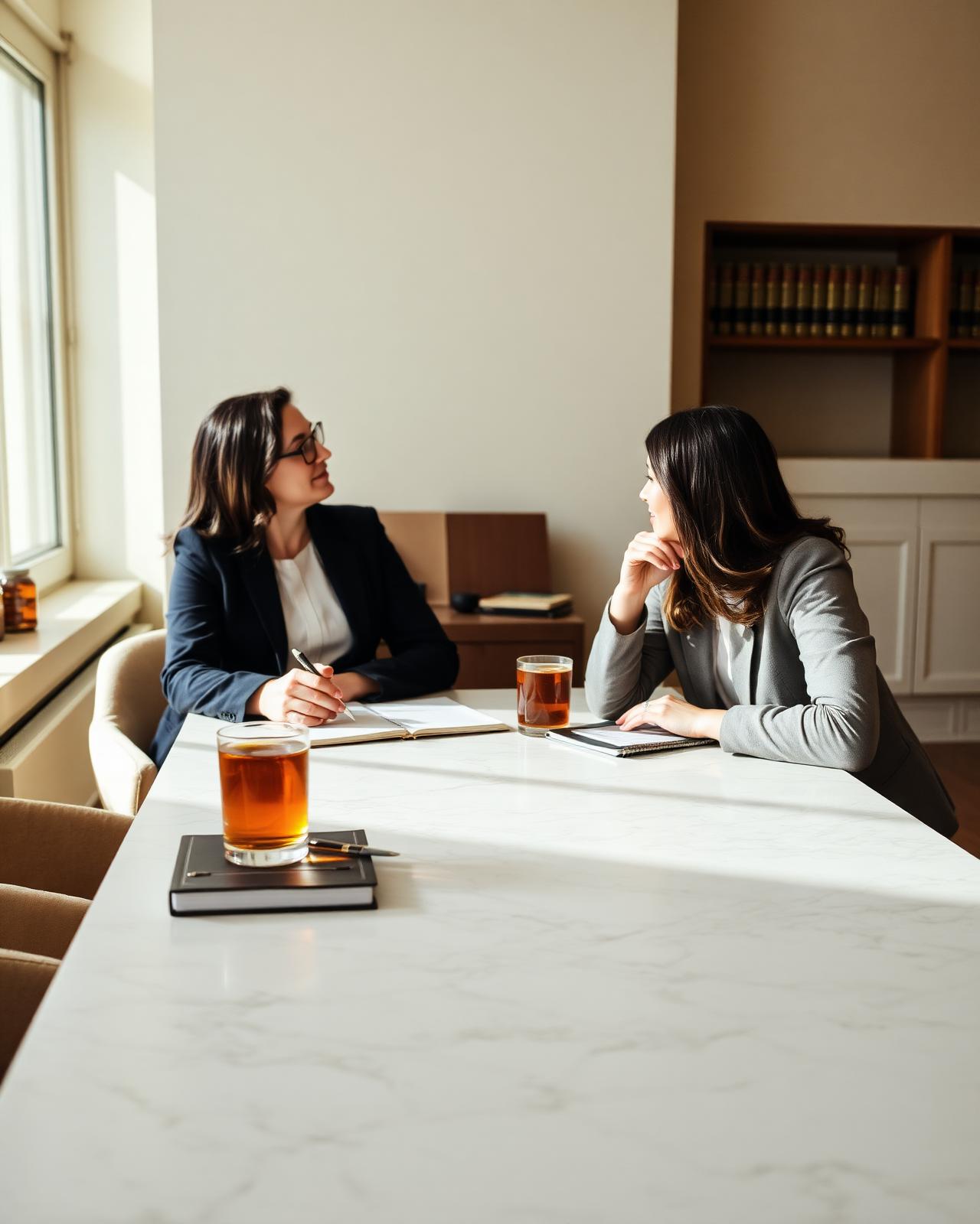 A quiet client conversation across a wood table